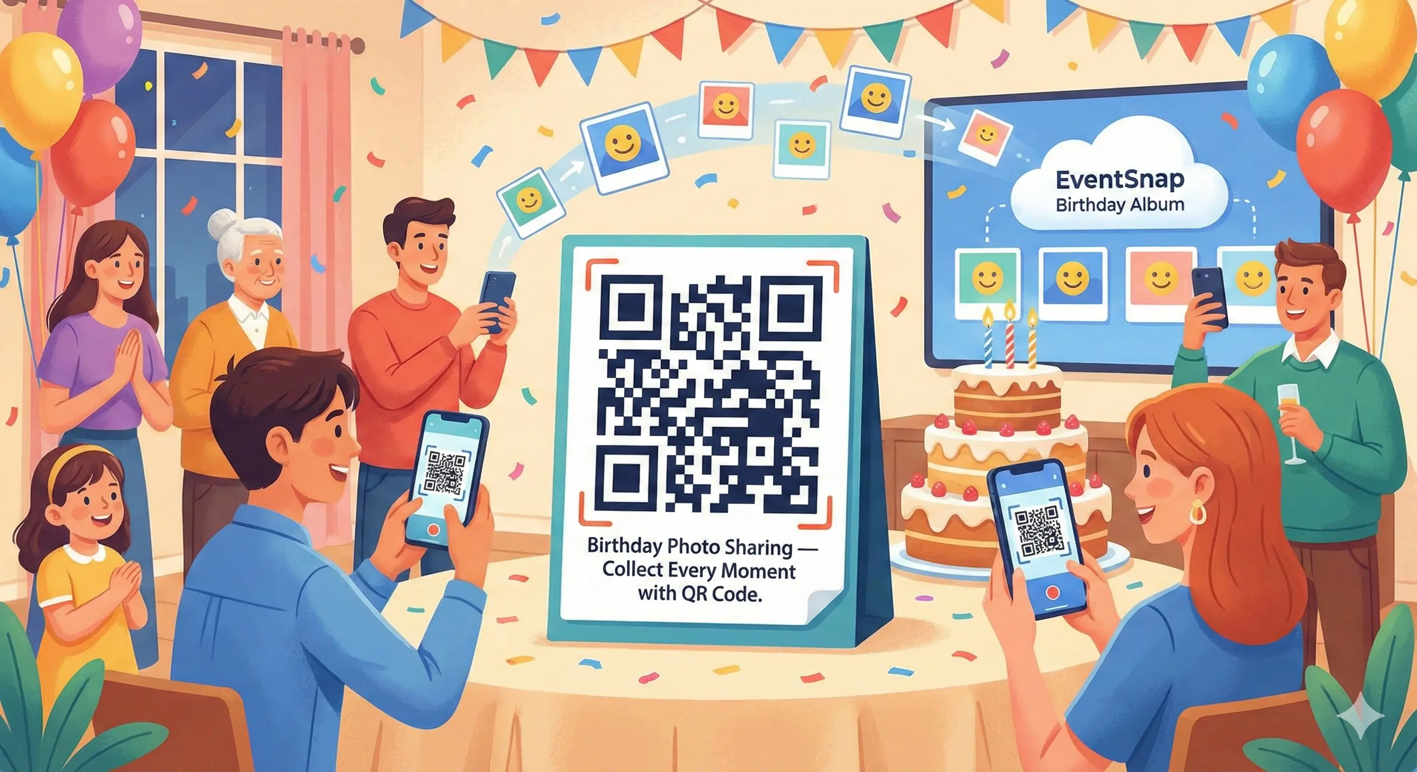 Birthday party guests sharing photos via QR code