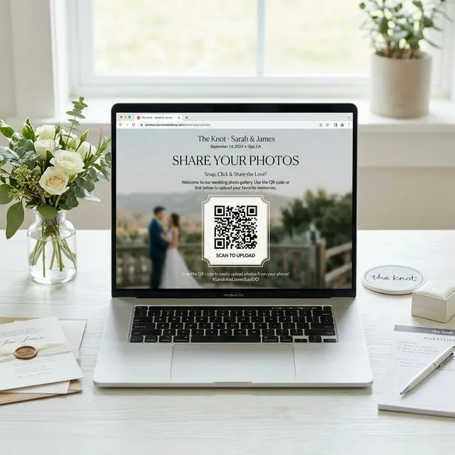 Laptop showing The Knot wedding website with a Share Your Photos QR code page