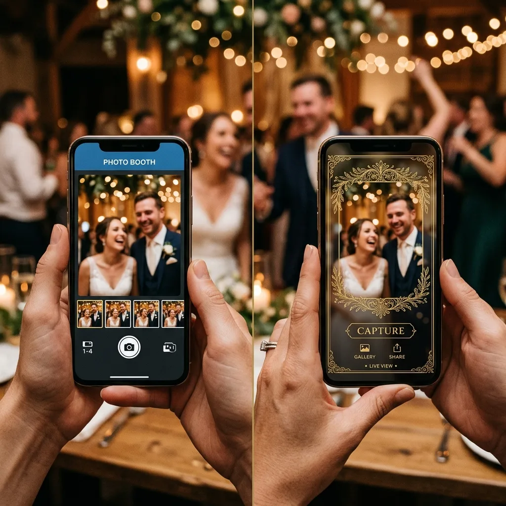 Comparison of virtual photo booth apps for weddings showing app-based vs browser-based interfaces