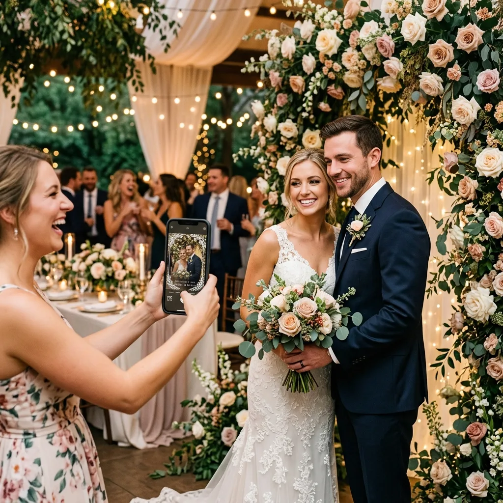 Wedding guests using smartphones as a digital photo booth with decorative frame overlays