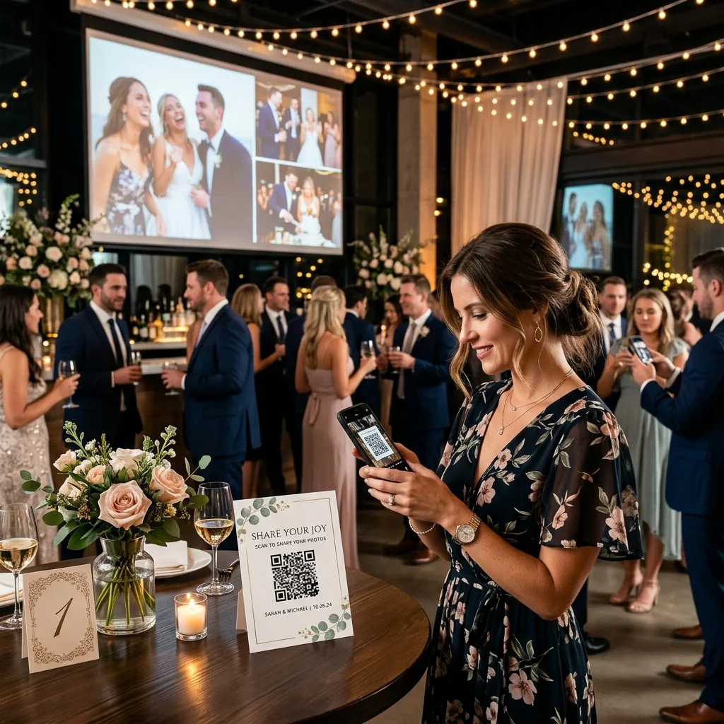 Wedding guest scanning EventSnap QR code at reception with live slideshow