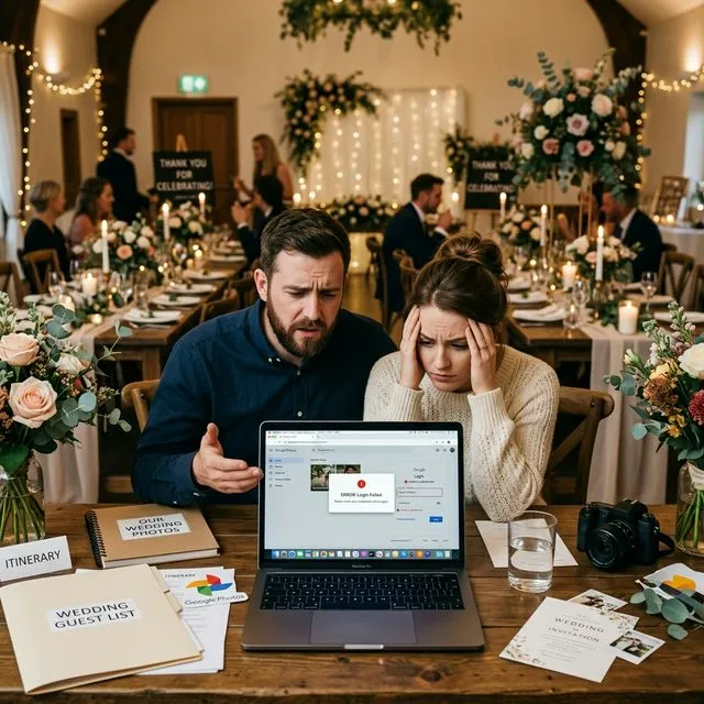 Frustrated couple trying to use Google Photos for wedding photo sharing