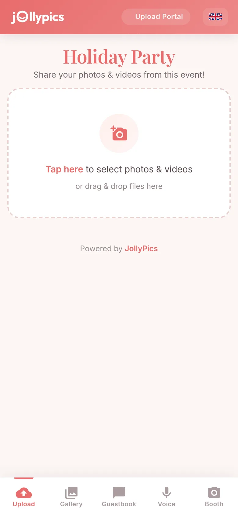 JollyPics guest upload page on a phone: tap here to select photos and videos
