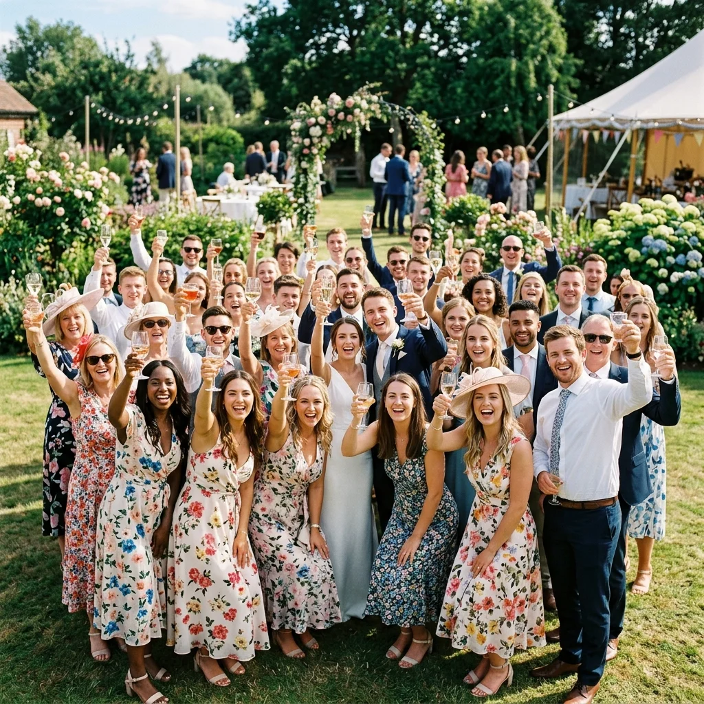 A large, joyful group of event guests raising their glasses and smiling together for a group photo at event gathering