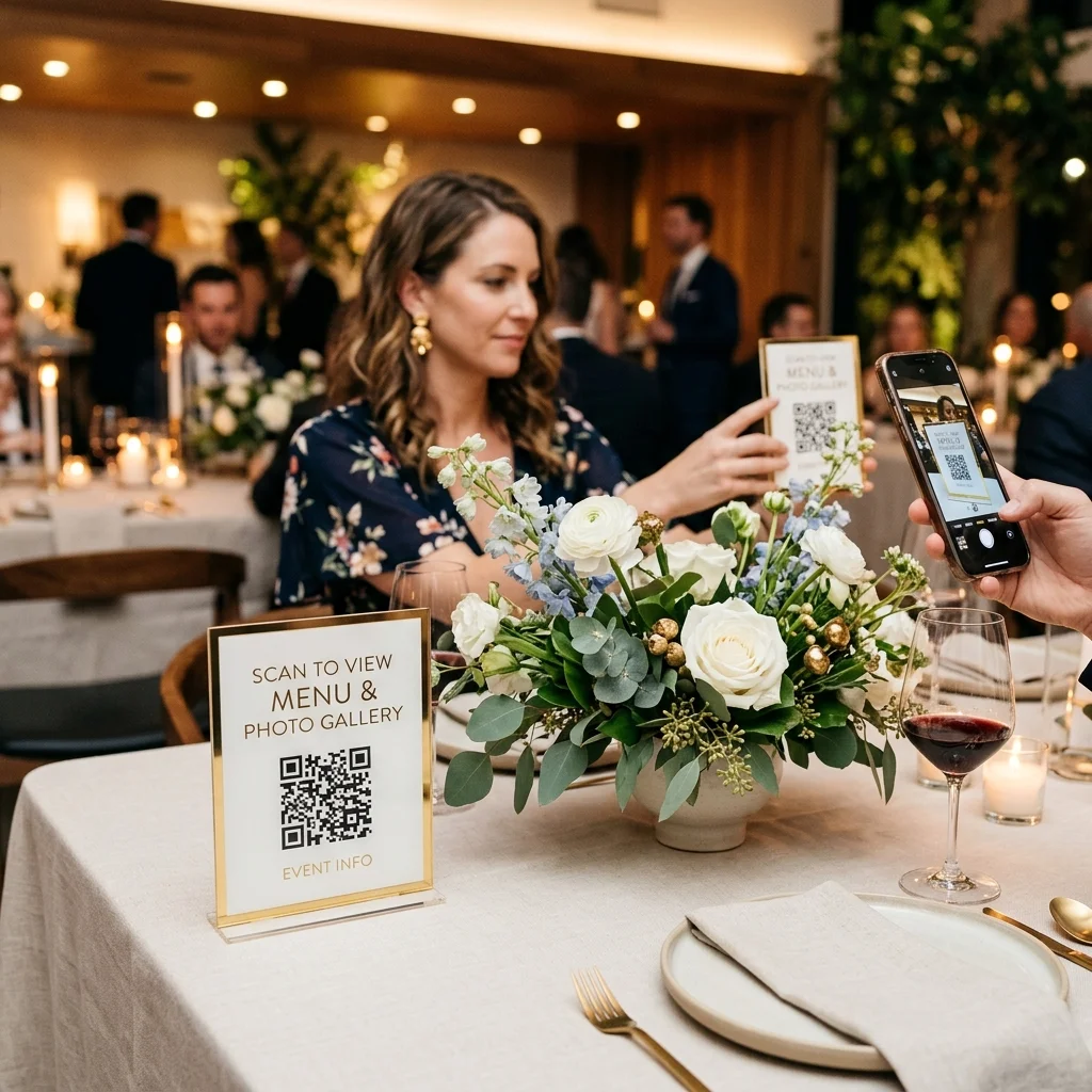 An elegant table sign showing a QR code next to a floral centerpiece at an event, with a guest scanning it with a phone