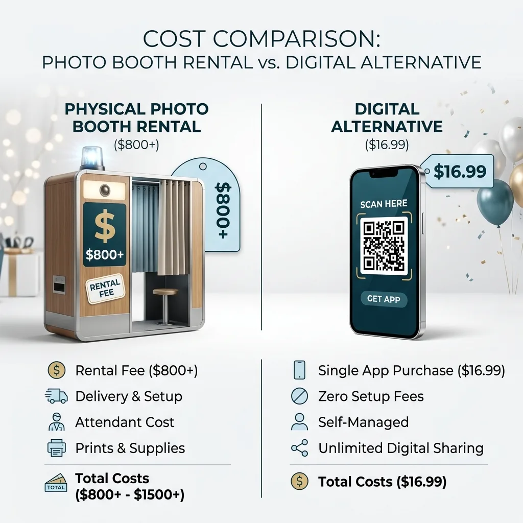 Cost comparison infographic showing physical photo booth rental at $800+ versus digital photo booth alternative at $16.99