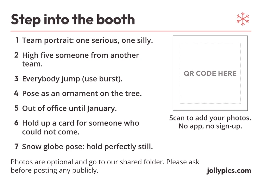 Printable photo booth sign with seven poses and a space for a QR code
