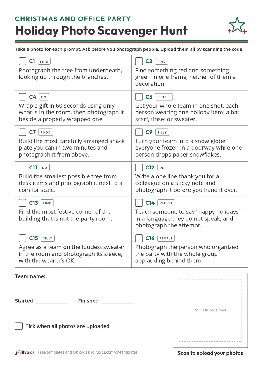 Printable Christmas and office photo scavenger hunt card with 12 prompts and a blank square for your QR code