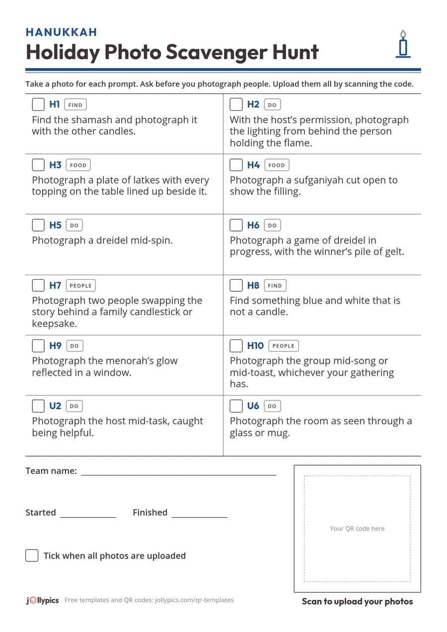 Printable Hanukkah photo scavenger hunt card with 12 prompts and a blank square for your QR code