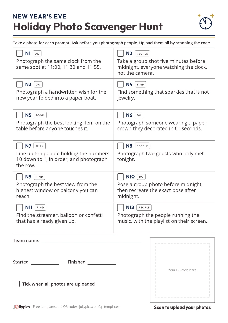 Printable New Year's Eve photo scavenger hunt card with 12 prompts and a blank square for your QR code