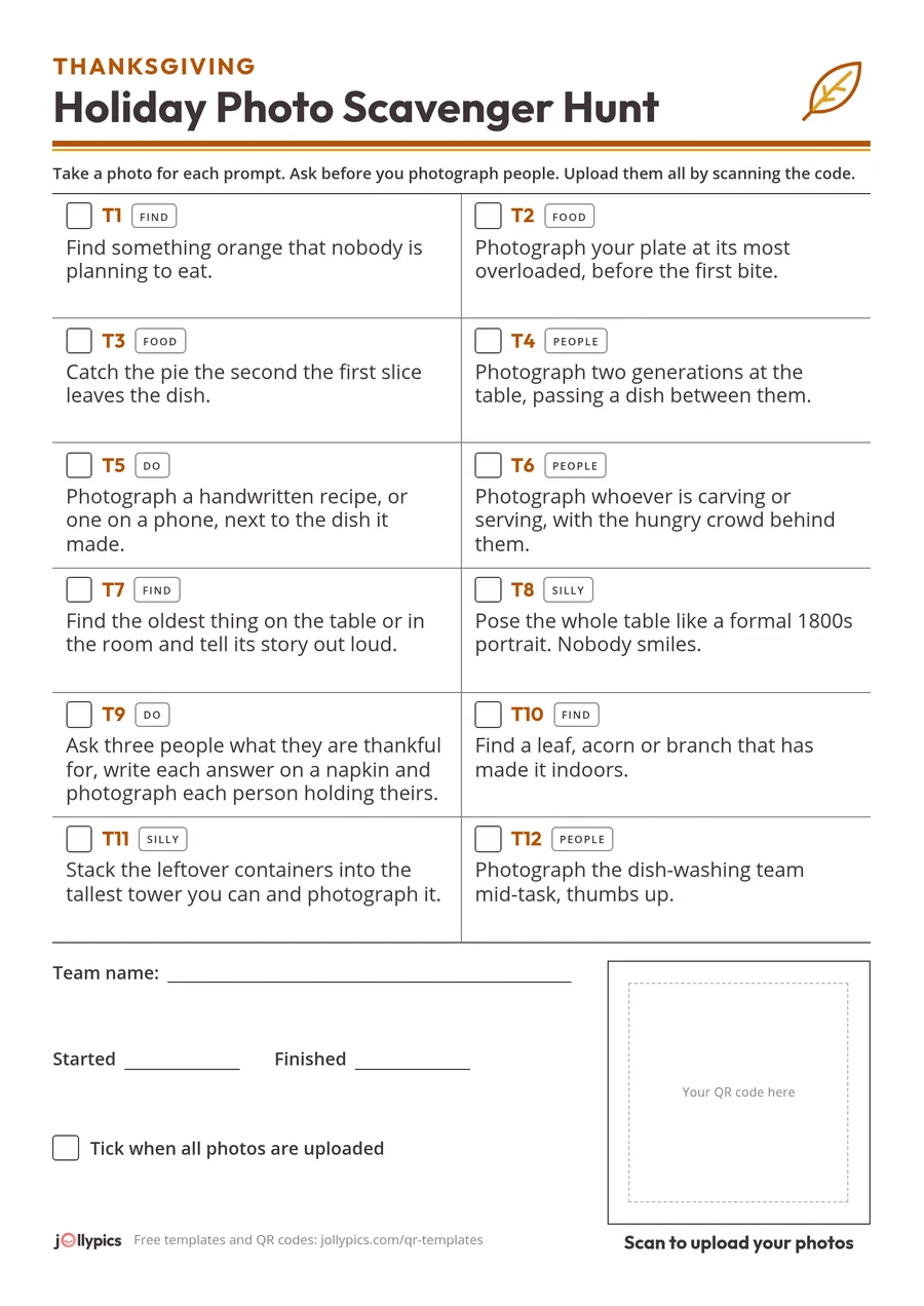 Printable Thanksgiving photo scavenger hunt card with 12 prompts and a blank square for your QR code