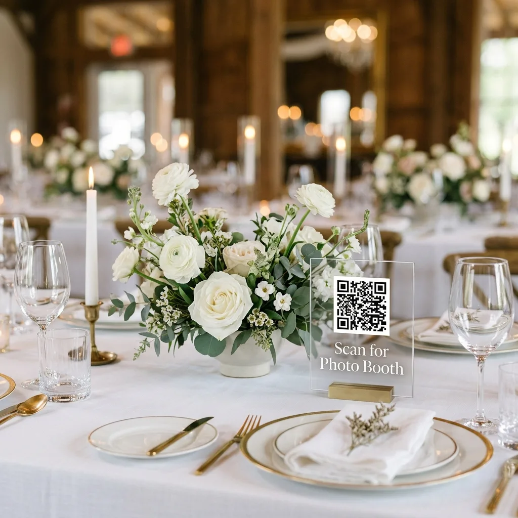Elegant QR code sign on a wedding reception table for digital photo booth access