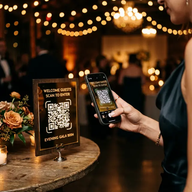 Guest hand effortlessly scanning a crisp beautiful QR code sign at a dimly lit romantic evening event.