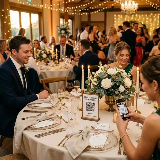 Wedding guests scanning QR code at elegant reception table as alternative to The Knot Guest app