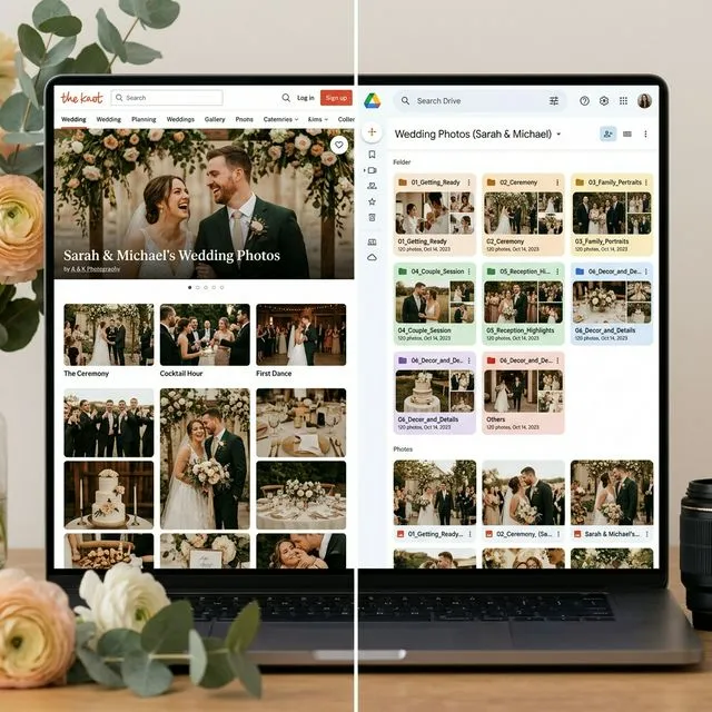 Split screen comparison of The Knot photo gallery versus Google Drive organized folders