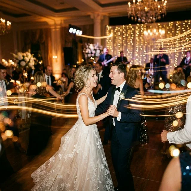 Couple laughing on dance floor with artistic motion blur light trails at luxury wedding reception