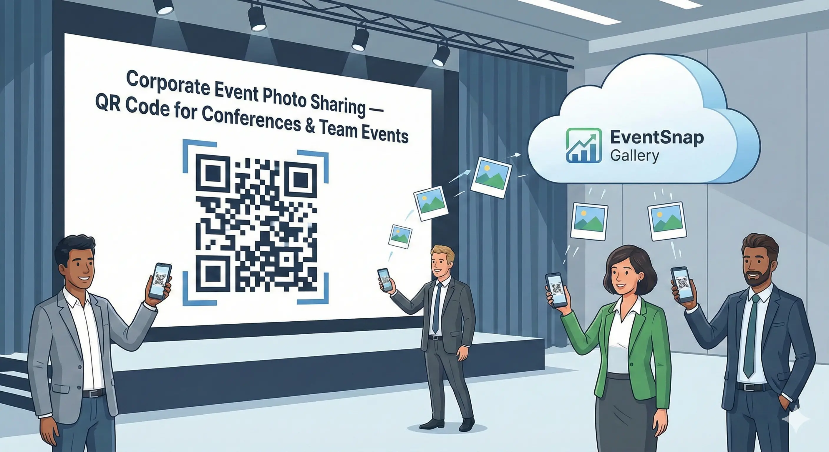 Corporate conference attendees sharing photos via QR code