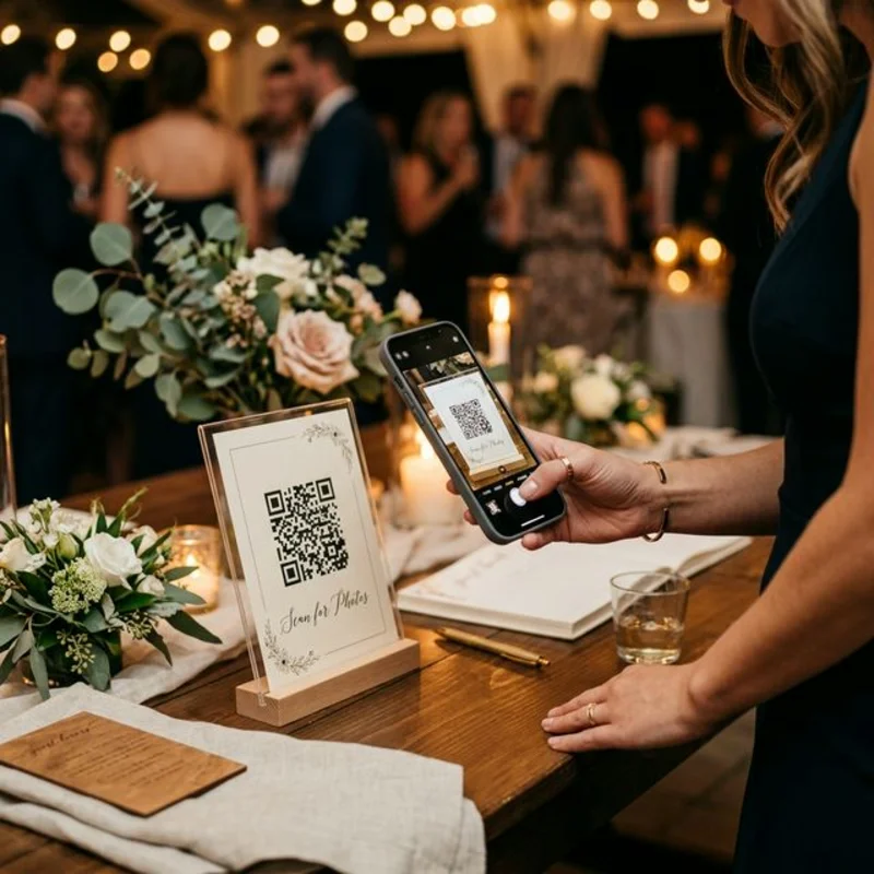 Wedding guest scanning EventSnap QR code on table card to upload photos directly to the host's Google Drive