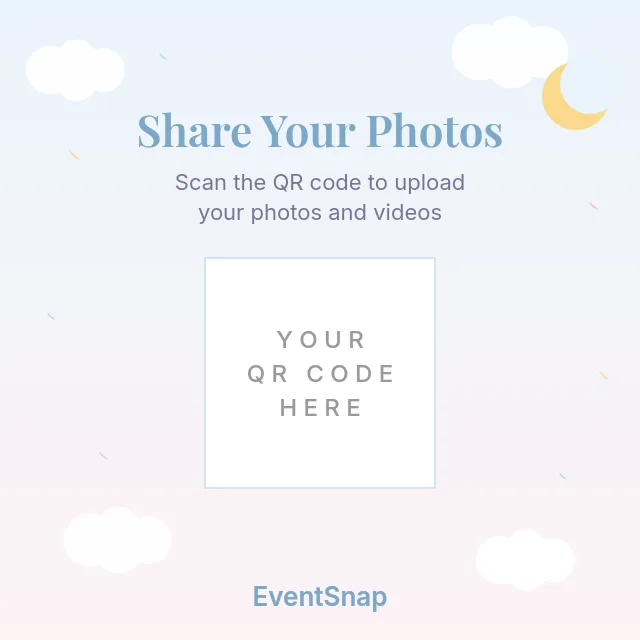 Pastel baby shower QR code table card template with clouds, stars, and moon