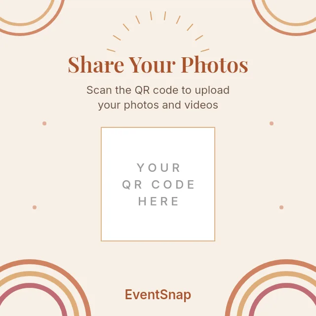 Boho terracotta QR code table card template with arches and sun rays on warm sand background