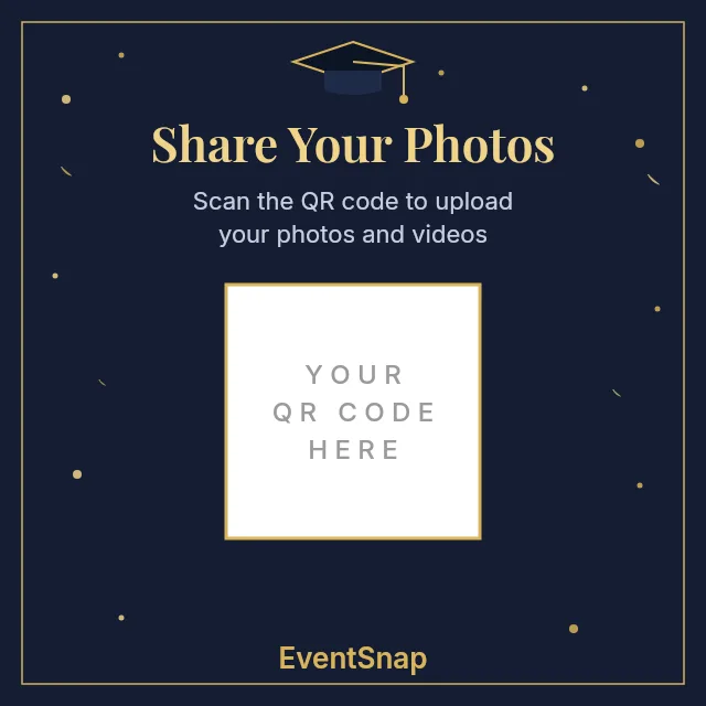 Graduation QR code table card template with navy background, gold confetti, and grad cap