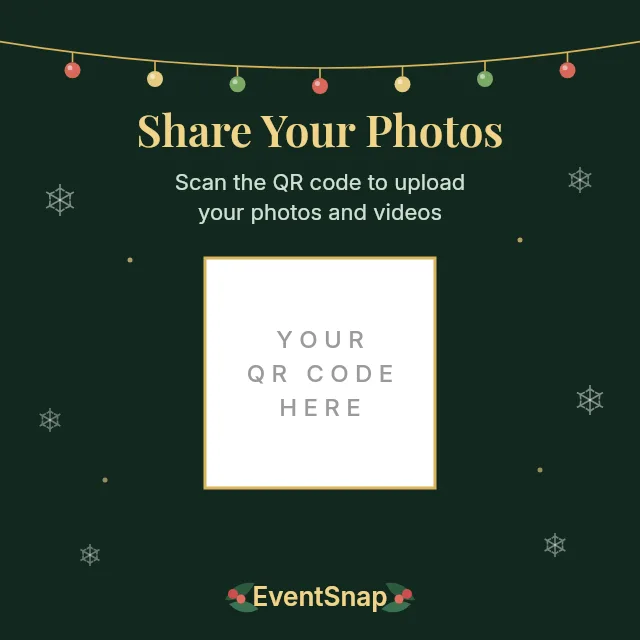 Festive holiday party QR code table card template with string lights, snowflakes, and holly on evergreen